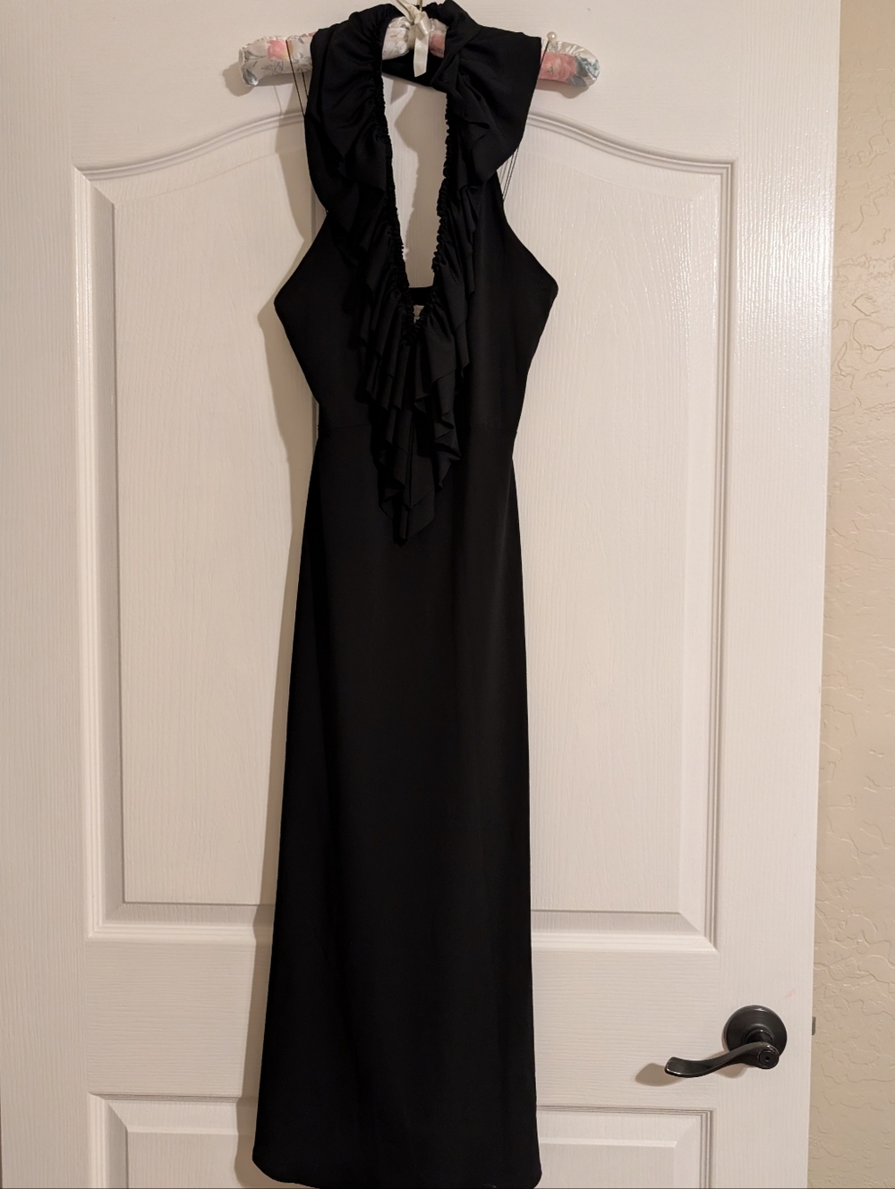 London Times® Classy Low-cut Doubled Ruffled Open Back "Little Black Dress"